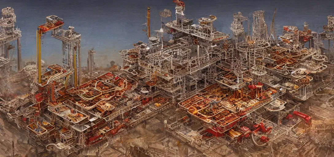 Prompt: an oil rig made of pizza, 80s style, intricate, hyper detailed, 8k, james gurney, greg rutkowski, john howe, artstation