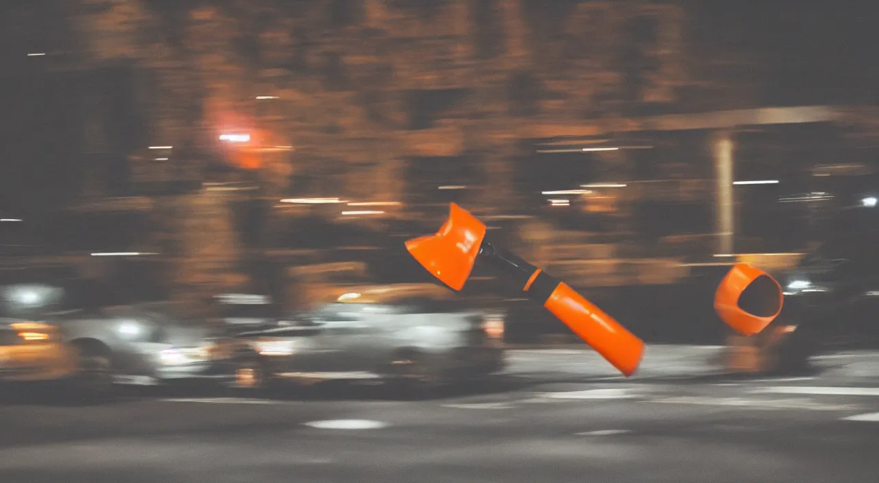 Image similar to Action shot of an orange construction traffic cone smashing the windshield of a single 1993 brown nissan maxima, photo realistic, night, photo realistic, depth of field, award winning, cinematic, color graded