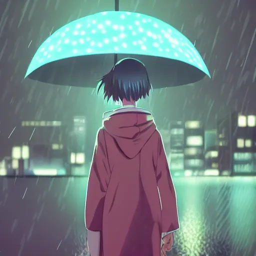 Prompt: anime girl intimidating look sharp blade looking into camera rain glowing city neon night, ghibli style