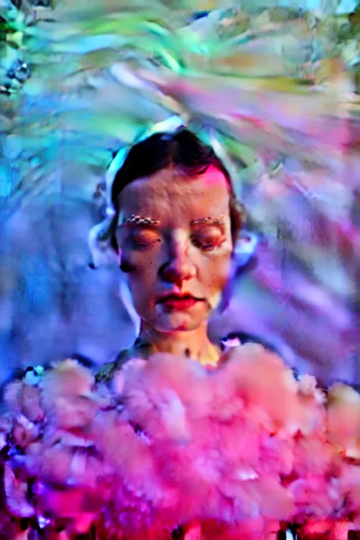 Image similar to high quality pastel coloured film close up wide angle photograph of a model wearing clothing swimming on cloud furniture in a icelandic black rock!! environment in a partially haze filled dreamstate world. three point light, rainbow. photographic production. art directed. pastel colours. volumetric clouds. pastel gradient overlay. waves glitch artefacts. extreme facial clarity. 8 k. filmic.