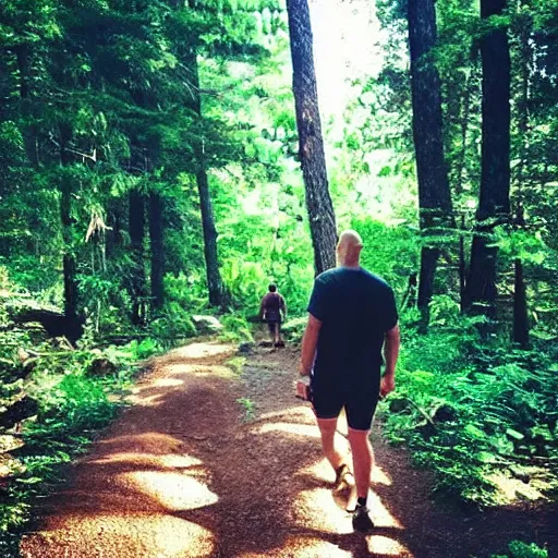 Image similar to “ poor quality nature photography of a bald man hiking in the woods with bigfoot walking by ”