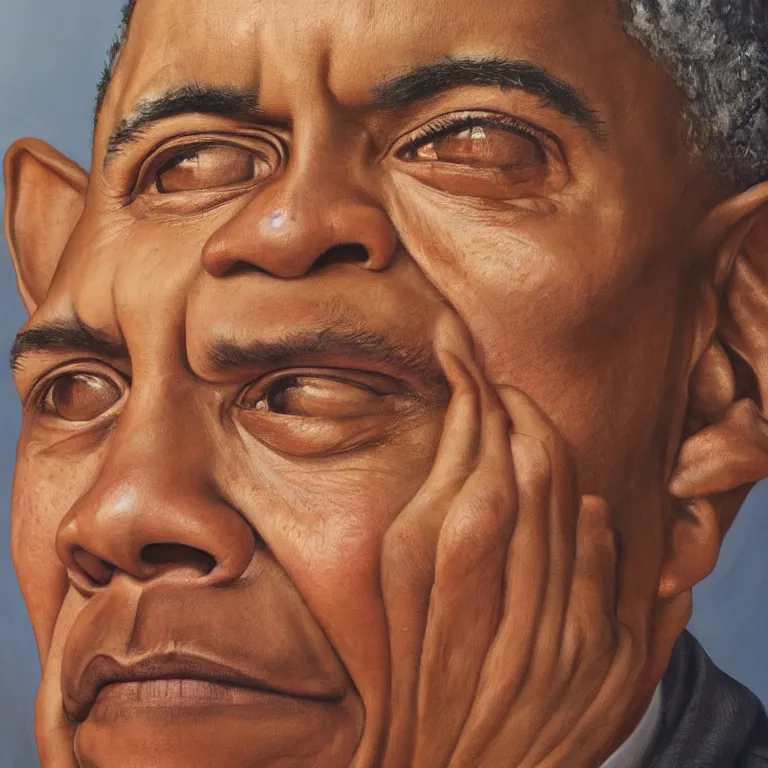 Image similar to hyperrealistic close up studio portrait of aging old Barack Obama age 85 sad, oil painting by Ivan Albright and Lucian Freud and Ron Mueck, trending on artstation Studio lighting hyperrealism