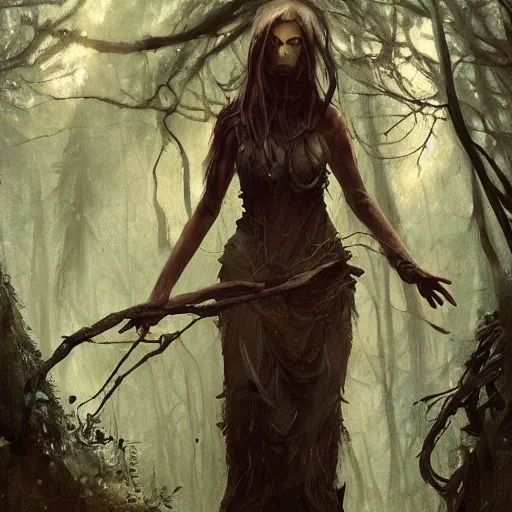 Prompt: a forest Witch in the style of Greg Rutkowski, realistic painting, Digital art, very detailed, High definition