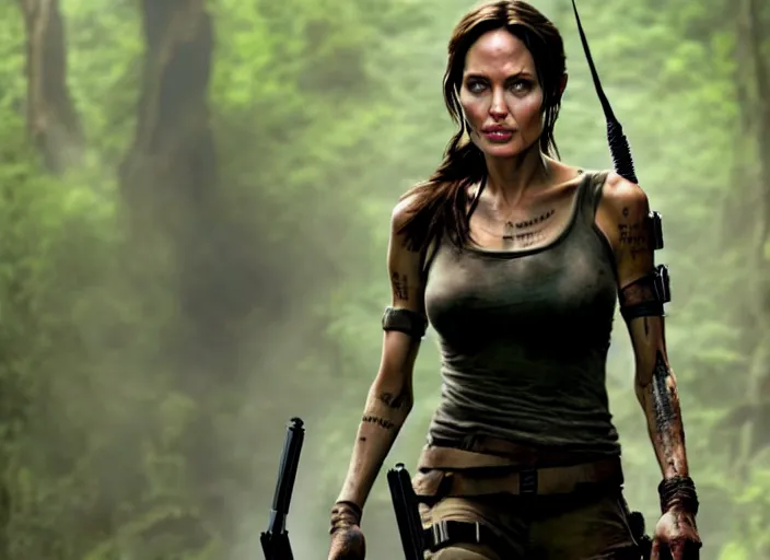 Image similar to film still of!!!! angelina jolie!!! as lara croft in new tomb raider movie, 8 k