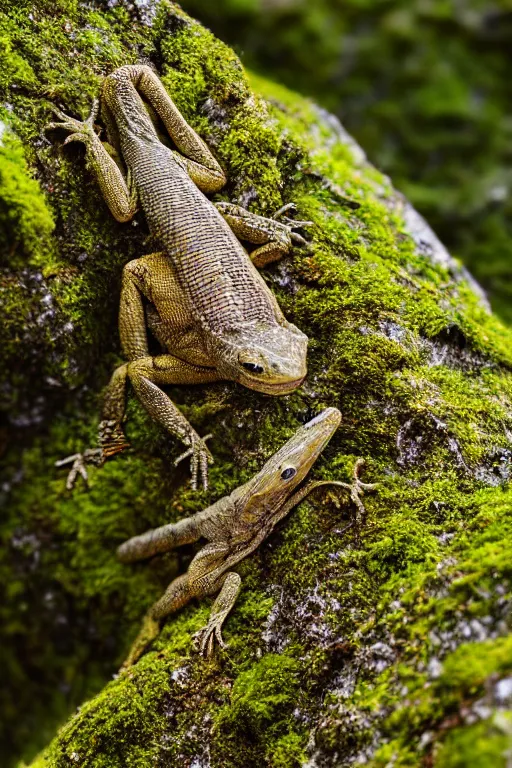 Image similar to a macro portrait photo of a lizard on a moss covered rock, shiny scales, moss and vegetation, ancient forest, close - up, intricate details, intricately detailed textures, warm lighting, vivid colors, smoke and mist, hyper realistic octane render, volumetric shading, depth of field, raytracing, 8 k,