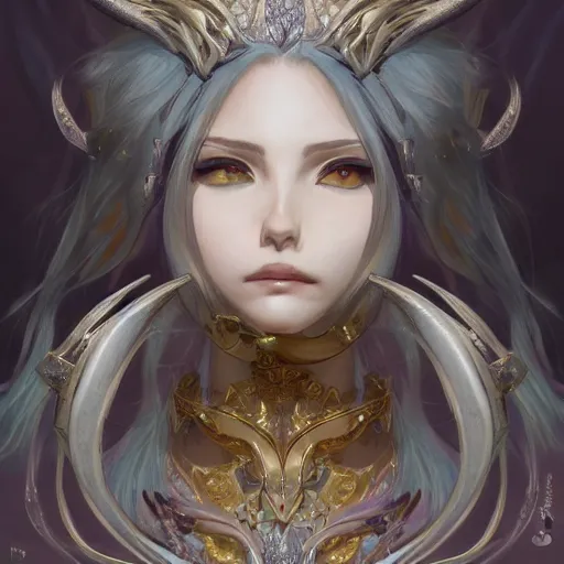 Image similar to An anime young woman dragon hybrid, scales and jewelry of gold and silver, intricate, digital painting, highly detailed, concept art, Artstation, Cgsociety, Artgerm, Alphonse Mucha, Wlop