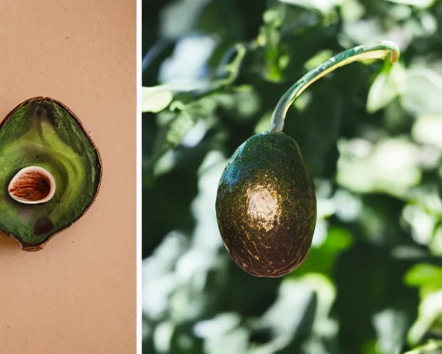 Image similar to 8 5 mm photography of elon musk as an avocado near a garden with sand with dof and bokeh and flowers