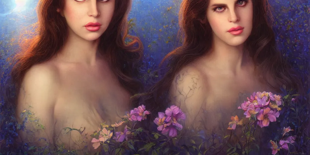 Image similar to big-eyed Lana Del Rey staring into the camera, sundown misty firefly wisps, Lilia Alvarado, Sophie Anderson, Mark Arian, Bob Byerley, Charlie Bowater, Mark Brooks, Steve Henderson, Justin Gerard, Arthur Hughes, Edward Robert Hughes, Mark Keathley, Victor Nizovtsev, Carlos Shwabe, Ross Tran, WLOP