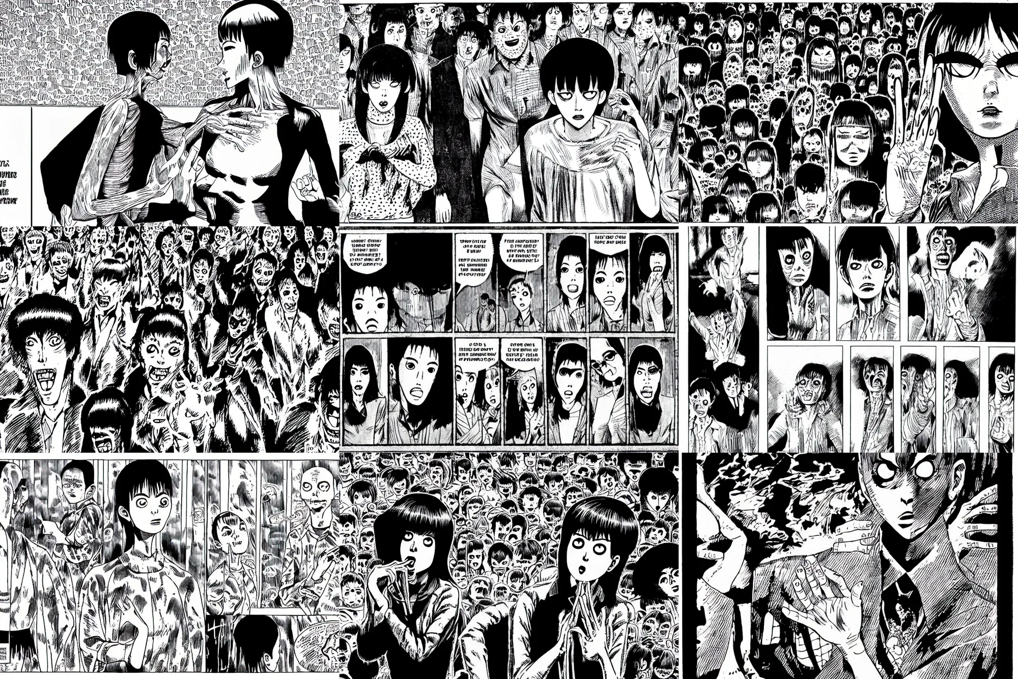 Prompt: horror scene comic panel by junji ito