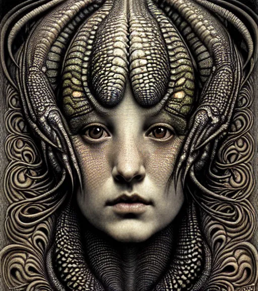 Image similar to detailed realistic beautiful lizard goddess face portrait by jean delville, gustave dore, iris van herpen and marco mazzoni, art forms of nature by ernst haeckel, art nouveau, symbolist, visionary, gothic, neo - gothic, pre - raphaelite, fractal lace, intricate alien botanicals, ai biodiversity, surreality, hyperdetailed ultrasharp octane render