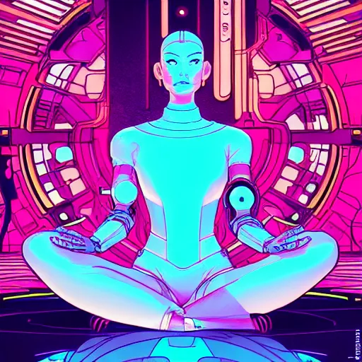 Prompt: a portrait of a beautiful cybernetic woman meditating in lotus pose, cyberpunk concept art by josan gonzales and jean claude meziere and syd mead