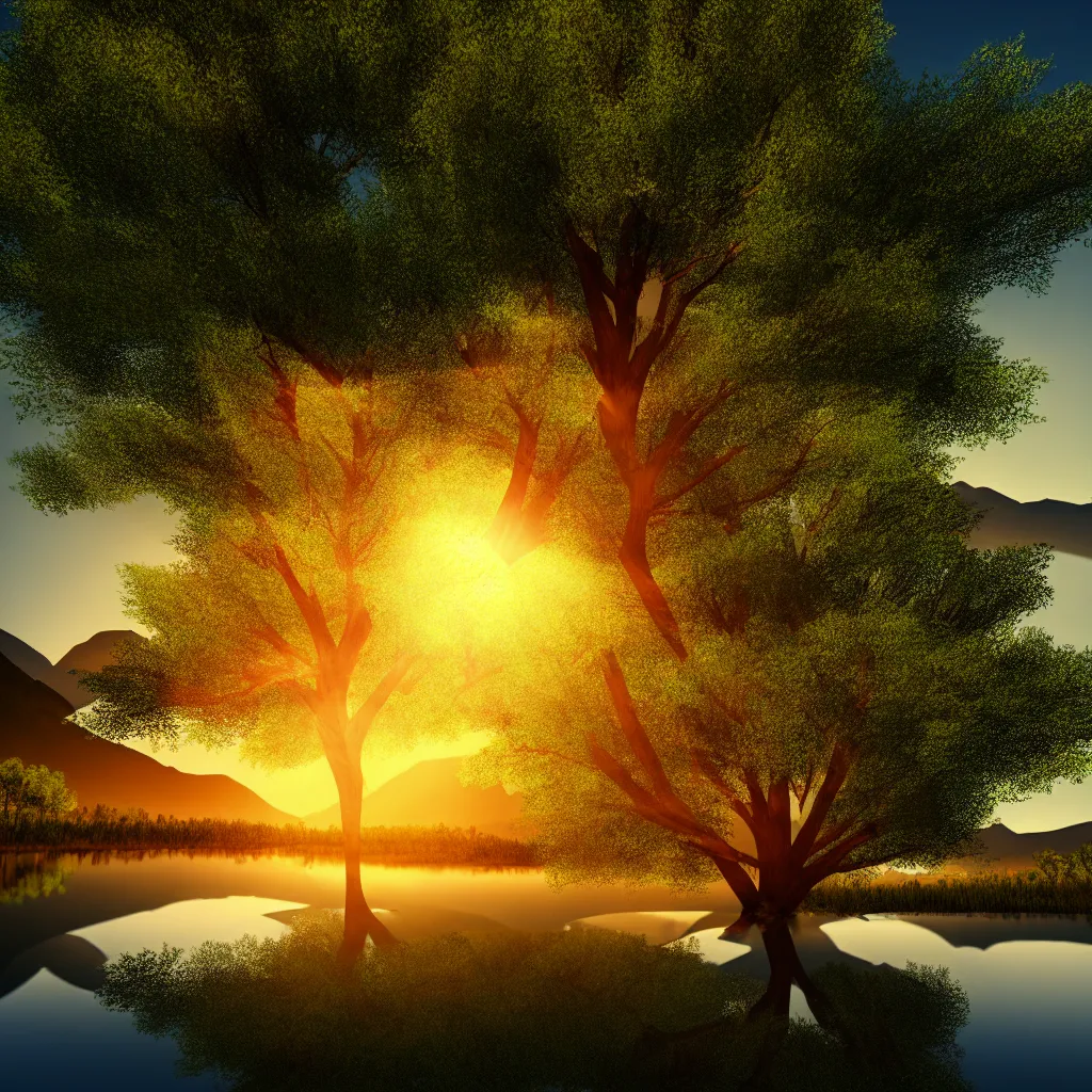 Image similar to big realistic tree near to a river on sunset with reflection on the leaves and mountains in the background, landscape, extremely high fidelity, 8 k, super resolution, cinematic view, super resolution, light rays, lens flare, epic, hyperdetailed