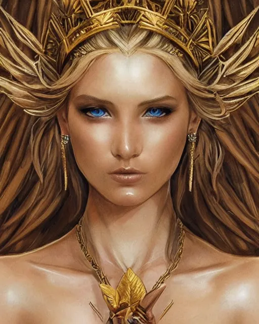 Image similar to tattoo design sketch of hot blonde super model as aphrodite greek goddess wearing a gold laurel wreath and triangle earrings, beautiful piercing gaze with sharp pupils, in the style of greg rutkowski, fantasy, amazing detail, epic, elegant, smooth, sharp focus, front view