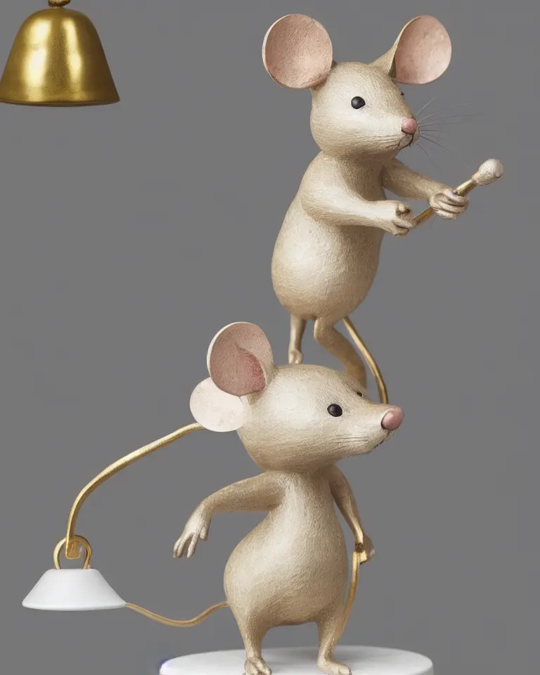 Image similar to a modern art statue of cute mouse standing on two legs and holding a round bell made with white marble and gold, trending on artstation