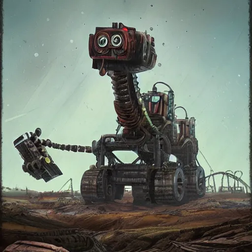 Image similar to giant scary quadrupedal mining machine with drill, four legs, highly detailed body, retro, industrial, dark, dystopian, apocalyptic, in the style of simon stalenhag