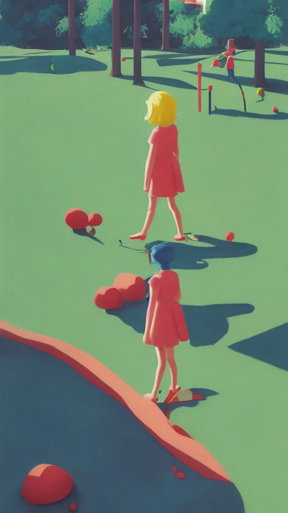 Image similar to tall blonde girl alone in playground, fun whimsical surreal illustration, by atey ghailan and escher and edward hopper,