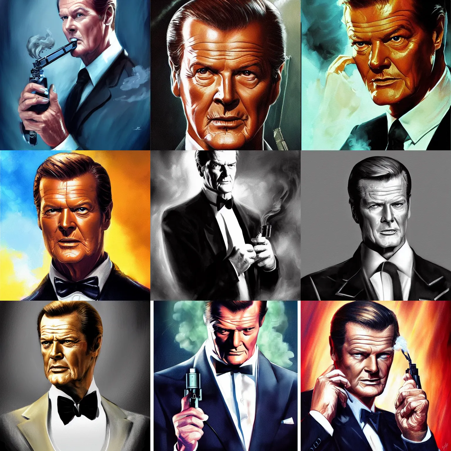 Prompt: 4 0 year old roger moore as james bond, smoke filled room, film noir lighting, painting by ross tran