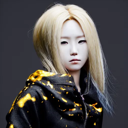 Prompt: photo realistic, high level of detail, high resolution, 3 5 mm lens : ( subject = blond korean top model + ( object = hoodie + object detail = high definition highly detailed baroque cyberpunk shamaness, varnished oil paint in bright colors on black background with small background color splatters, by katsuhiro otomo ) )