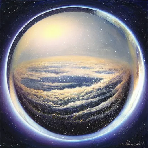 Image similar to “ depiction of the beginning of the universe inside a snow globe, surreal, award winning, highly detailed, style by mark rogers, paul bonner, oil on canvas. ”