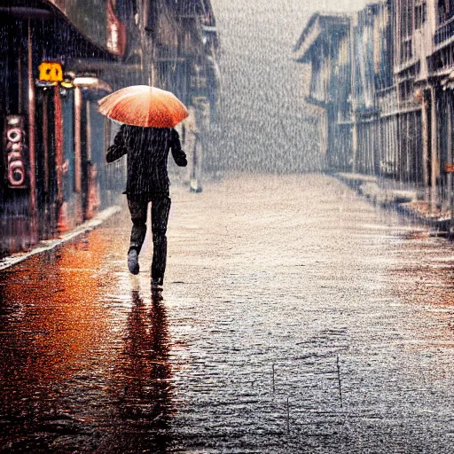 Prompt: lava man walking on a rainy street in a abandoned city, golden hours, heat wave, 4 k photoshop, photorealistic, 1 0 0 m, sharp focus, bokeh