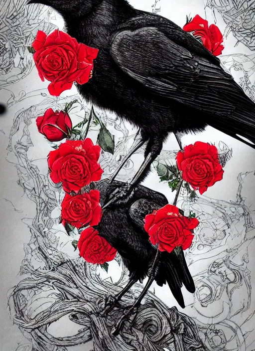 Image similar to portrait, A crow with red eyes in front of the full big moon, book cover, red roses, red white black colors, establishing shot, extremly high detail, foto realistic, cinematic lighting, pen and ink, intricate line drawings, by Yoshitaka Amano, Ruan Jia, Kentaro Miura, Artgerm, post processed, concept art, artstation, matte painting, style by eddie mendoza, raphael lacoste, alex ross