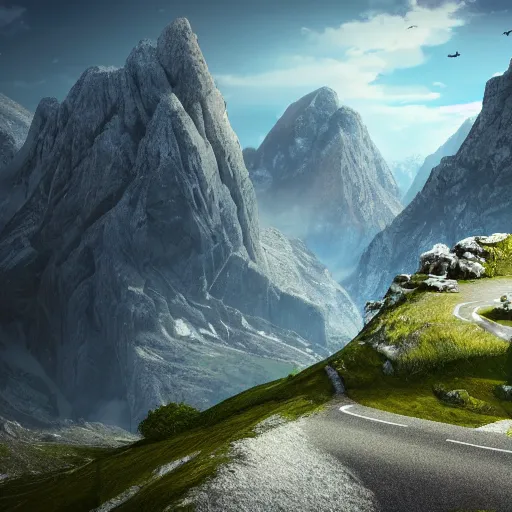 Prompt: high alpine landscape with windy road, unreal engine, high quality digital art, dramatic lighting, photo realism