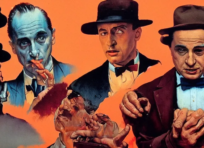 Image similar to a still from the movie godfather by of francis bacon and norman rockwell and james jean, a still from avenger : endgame, mark brooks, triadic color scheme, by greg rutkowski, syd mead and edward hopper and norman rockwell and beksinski, dark surrealism, orange and turquoise and purple