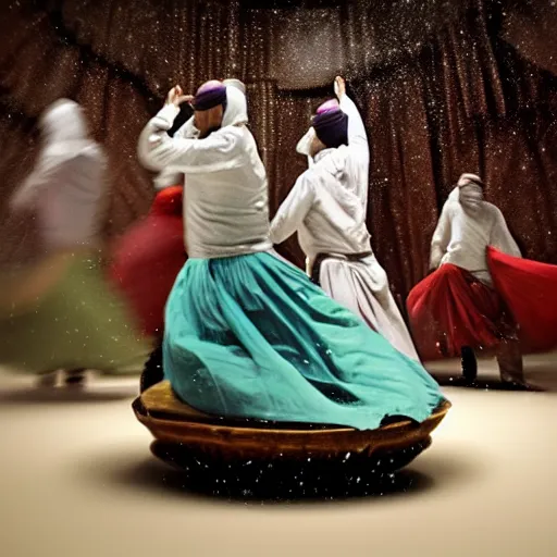 Prompt: whirling dervishes inside a snow globe