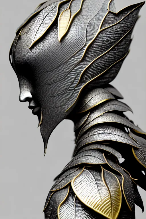 Image similar to monochrome close - up profile face, black background, beautiful young porcelain bio - mechanical vegetal - dragon - cyborg - female, white metallic armour, silver gold details, magnolia leaves and stems, roots, mandelbot fractal, 1 5 0 mm, beautiful natural soft rim light, elegant, hyper real, ultra detailed, octane render, 1 6 k