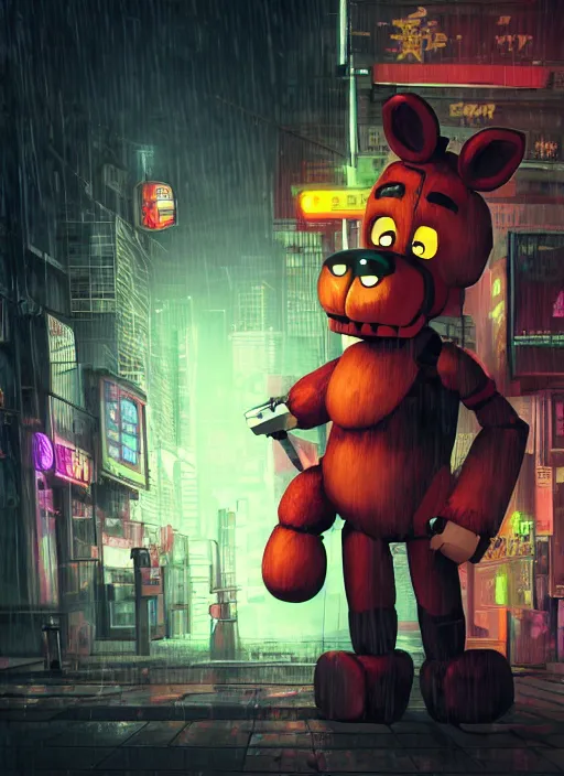 Prompt: character portrait of Foxy from Five Nights at Freddy's in a cyberpunk city at night while it rains. hidari, color page, tankoban, 4K, tone mapping, Akihiko Yoshida. Nomax, Kenket, Rukis. Horror, scary, comic book style, photorealistic, professional lighting, hyperdetailed, high resolution, high quality, dramatic, deviantart, artstation, 4k, real photo
