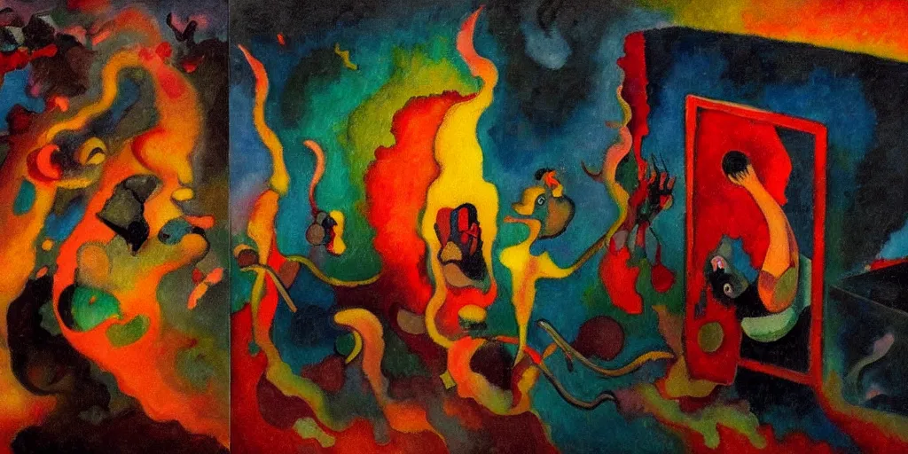 Image similar to trapped on a hedonic treadmill, dark uncanny surreal painting by ronny khalil, and kandinsky, dramatic lighting from fire glow, mouth of hell, ixions wheel