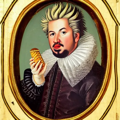 Image similar to a 1 6 0 0 s portrait painting of guy fieri holding an ice cream cone, intricate, elegant, highly detailed