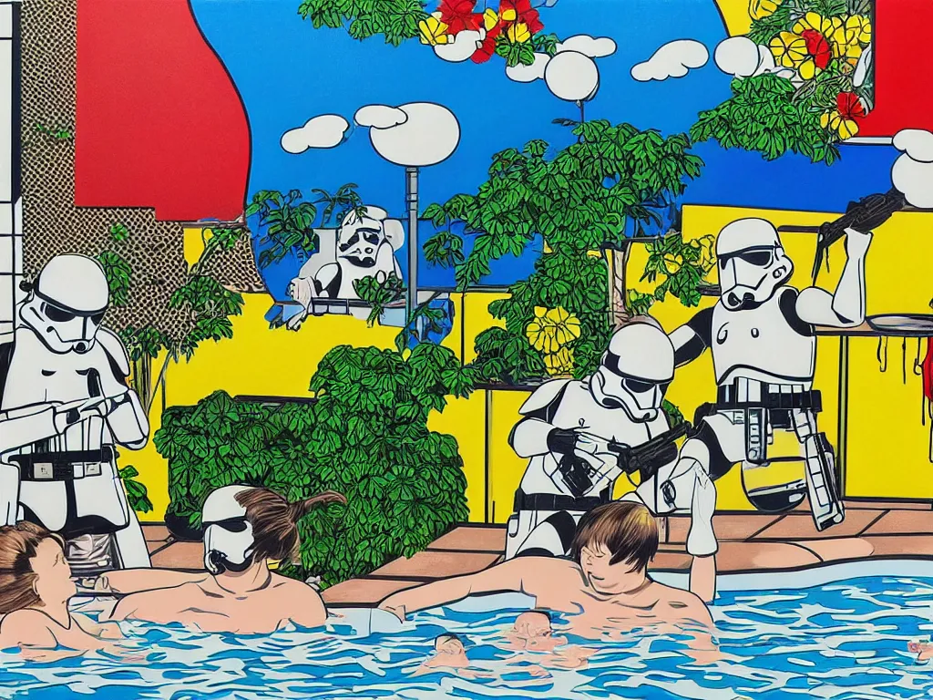 Image similar to hyperrealism composition of the japanese house with a hot springs in the garden, two detailed stormtroopers bathe in a hot spring, pop - art style, jacky tsai style, andy warhol style, roy lichtenstein style, round canvas, acrylic on canvas