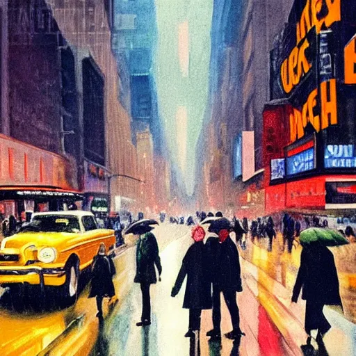 Image similar to a busy crosswalk on a rainy street in new york in the 1 9 6 0 ‘ s with lots of people walking around at night with advertisement neon lights on the buildings around it, painting eugene de la croix high detail, smooth, beautiful, aesthetic,