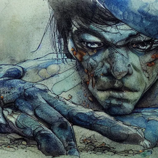 Image similar to a man digging up a dead body, subtle blue, orange, and dark green tones, high quality, high detail, dark colors, sinister atmosphere, dramatic lighting, cinematic, establishing shot, extremely high detail, photo realistic, cinematic lighting, pen and ink, intricate line drawings, by Yoshitaka Amano, Ruan Jia, Kentaro Miura, Artgerm, post processed, concept art, artstation, matte painting, style by eddie mendoza, raphael lacoste, alex ross, album artwork