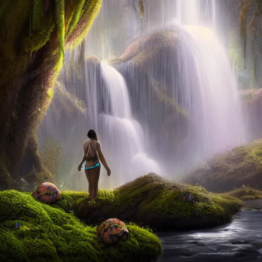 Prompt: tom bagshaw, mythical water, soft painting render curiosities carnival pond river vegetation rocks bugs wildlife mushrooms covered moss bioluminescent wisps, beautiful stunning waterfall, accurate features, focus, very intricate ultrafine details, random volumetric lighting, fog, award winning masterpiece, octane render 8 k hd, artstation