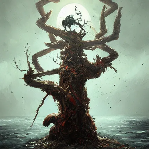 Prompt: Popeye style crab shooting a tree , dark surrealism, Greg Rutkowski