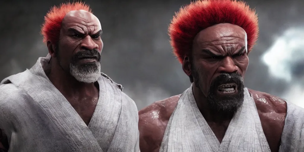 Image similar to a film still of a black man starring in a japanese blockbuster film as heihachi from tekken, shallow depth of field, cinematic, award winning cgi, vfx, film still
