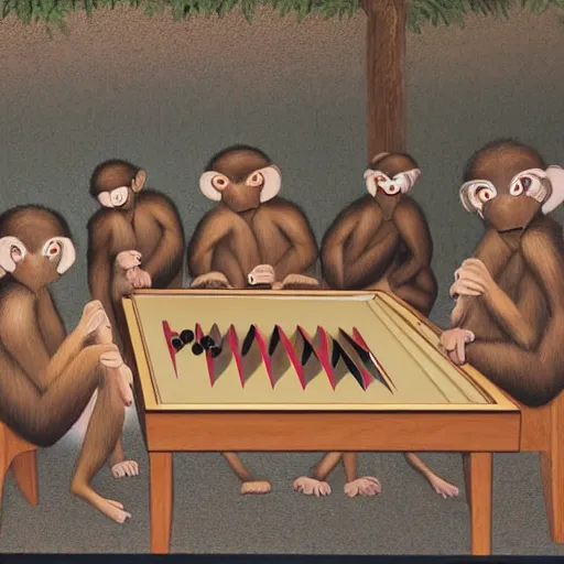 Prompt: A beautiful performance art of a group of monkeys playing backgammon. The monkeys are seated around a table, with some of them appearing to be deep in concentration while others appear to be playing more casually. octane 3d, chestnut by George Tice, by Jamie McKelvie mild, calm