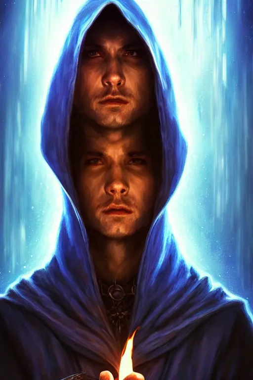 Image similar to Front portrait of a hooded mage hold a blue fire, full body, fine art, awesome fantasy book cover on Pinterest, award winning, dark fantasy landscape, fantasy magic, intricate, elegant, sharp focus, cinematic lighting, highly detailed, digital painting, concept art, art by WLOP and Artgerm and Greg Rutkowski, masterpiece, trending on artstation, 8K