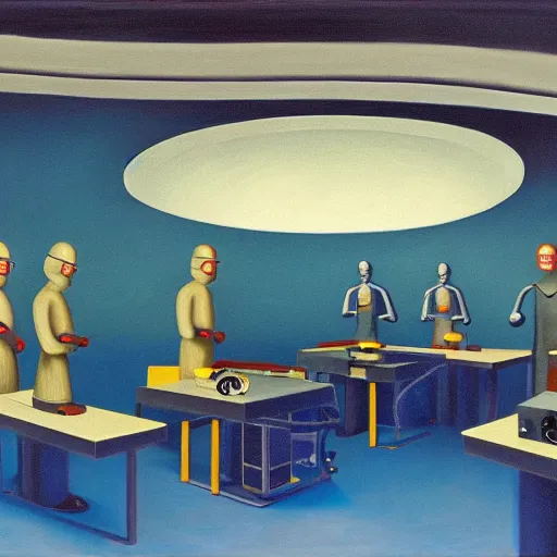 Image similar to robotic scientists in a dome - shaped control center, blue, teal, gray, black, grant wood, pj crook, edward hopper, oil on canvas