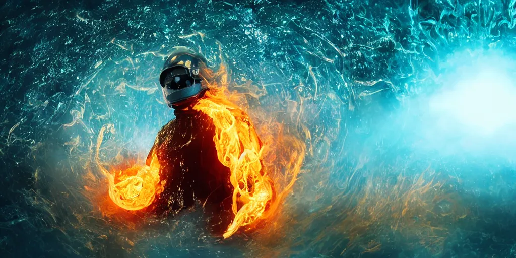 Image similar to VHS music video fisheye slow motion with honeycomb fire and smoke effect through a portal of futuristic break dancer wearing long dark cloak and golden helmet emitting fire and crystals, long exposure shot , enigmatic, at night half submerged by water, paddle of water, steam, fog, water splashes, rim lights, glossy reflections, water droplets on lens, octane render, Volumetric dynamic lighting, stunning cover magazine, high details, hajime sorayama