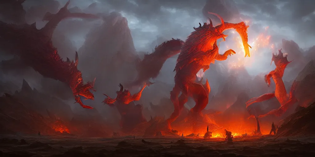 Image similar to a mythical battle between two giant fiery creatures, broken landscape, by Andreas Rocha + Ted Nasmith, cinematic lighting, masterpiece, highly detailed, 8k resolution, trending on art station