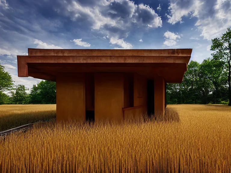 Image similar to hyperrealism design by frank lloyd wright and kenzo tange photography of beautiful detailed small house with many details in small detailed ukrainian village designed by taras shevchenko and wes anderson and caravaggio, wheat field behind the house, around the forest volumetric natural light