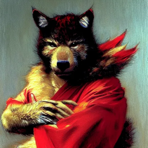 Prompt: a portrait of a furry splinter ninja wearing a red kimono, hairy, furry body, furry arms, feet, tail. highly detailed painting by gaston bussiere, craig mullins, j. c. leyendecker, furry