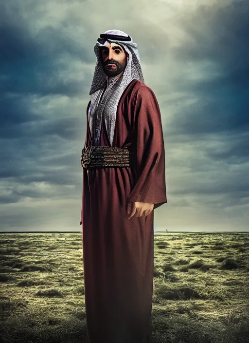 Image similar to portrait of sheikh ruler of dubai, djinn, landscape, swamp, marsh lands, cinematic lighting, studio quality, godly, comic book, 4 k, active, scenic, fury, fiery, dramatic entry