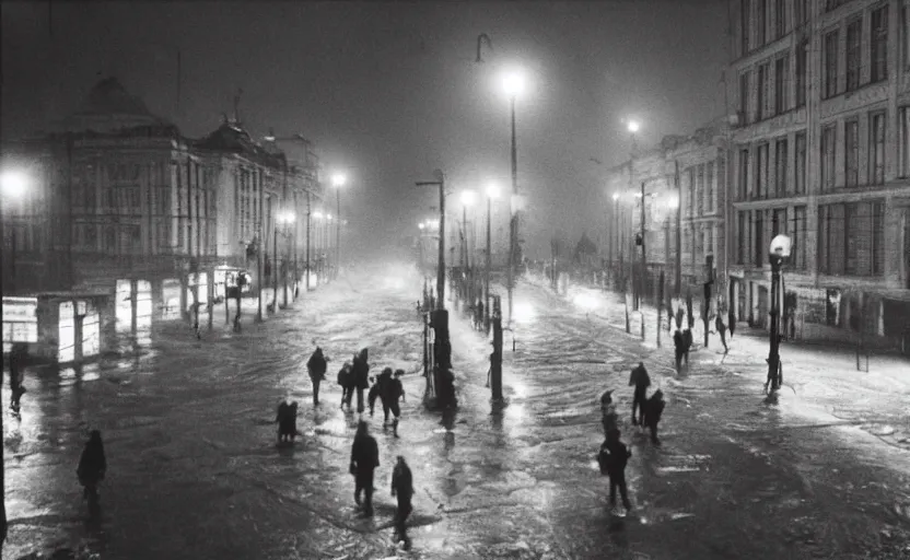 Image similar to 40s historic footage of a sovietic street with pedestrians, aerial view , Cinestill 800t 18mm, heavy grainy picture, very detailed, high quality, 4k panoramic, billboards and streetlight at night, rain, mud, foggy