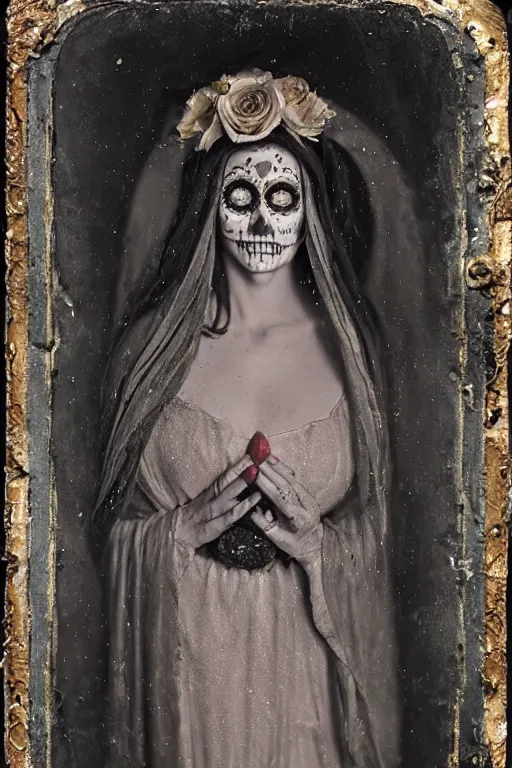 Image similar to tintype virgin mary in dia de muertos dress and make up, the ecstasy of saint teresa, horrific beautiful vibe, evocative, atmospheric lighting, painted, intricate, highly detailed, leesha hannigan, wayne haag, reyna rochin, ignacio fernandez rios, mark ryden, iris van herpen, stunning, gorgeous, sharp focus, cinematic, masterpiece