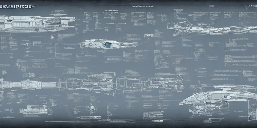 Image similar to detailed infographic blueprint of one messenger spaceship in the style of eve online by john howe