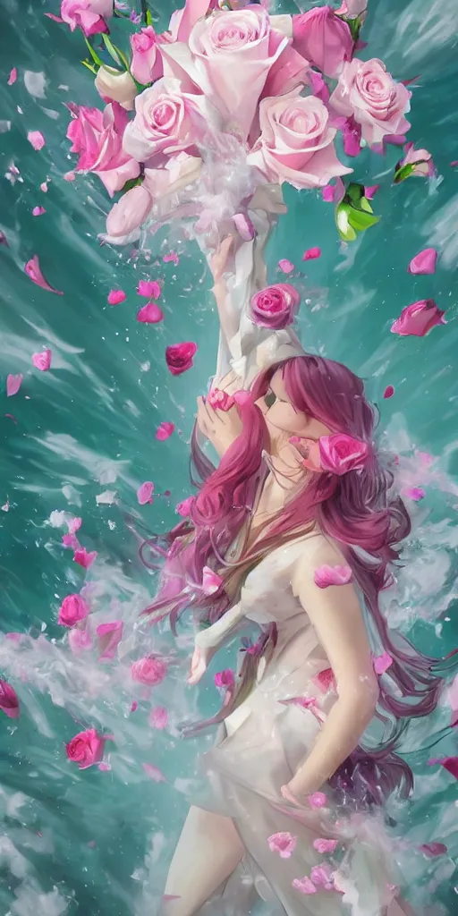 Image similar to magic invisible blade slicing through a bouquet of white and pink roses, flowers exploding and spraying, big puffy clouds, sharp rain, large rose petals, lotus petals, large polygonal background elements, large polygons, dramatic anime, dramatic lighting, artgerm, manga, trending on artstation, art nouveau, mature colors